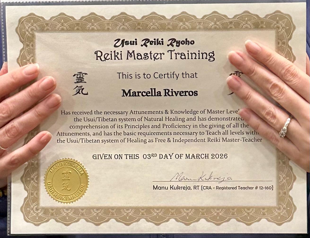 Usui Reiki Master training certificate
